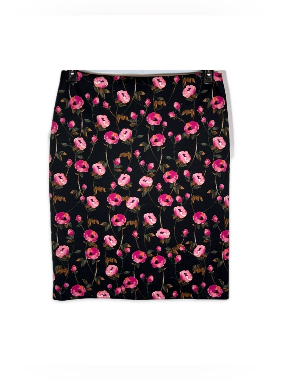 WHBM Black Pink Floral Pencil Skirt Size 16 Career Office Chic Stretch